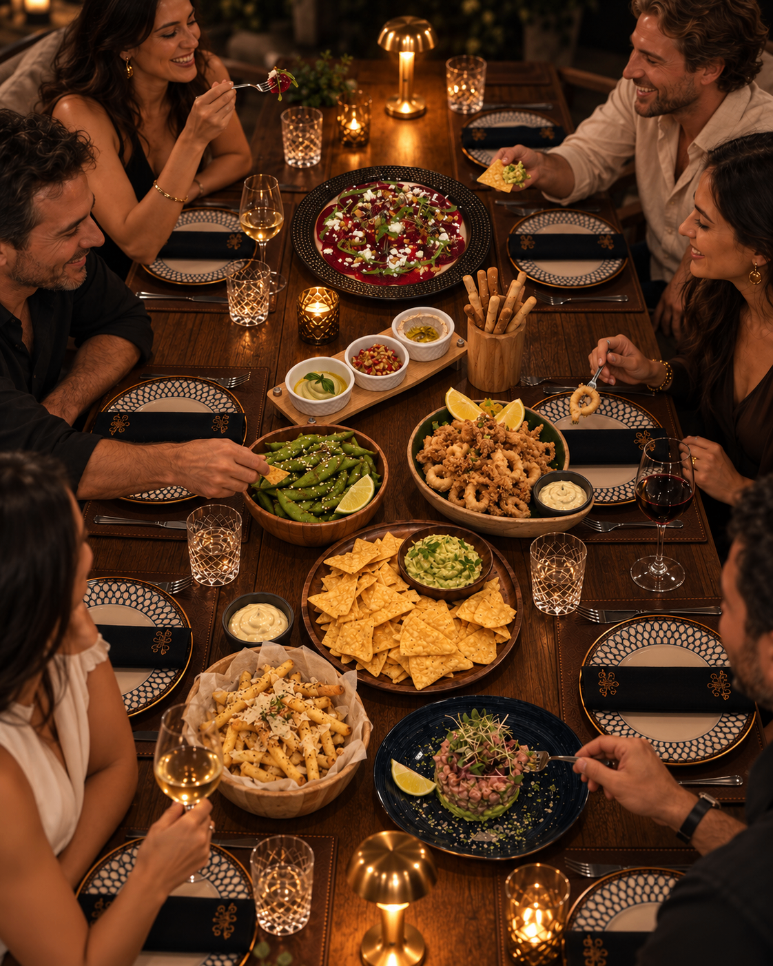 Friends sharing plates around a candlelit table at Harbor
